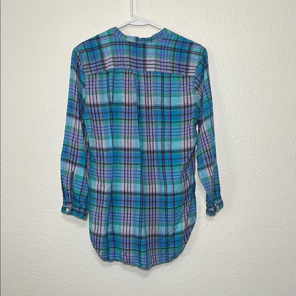 Linen L.L. Bean Plaid V-Neck Women's Top S Petite - Picture 2 of 7